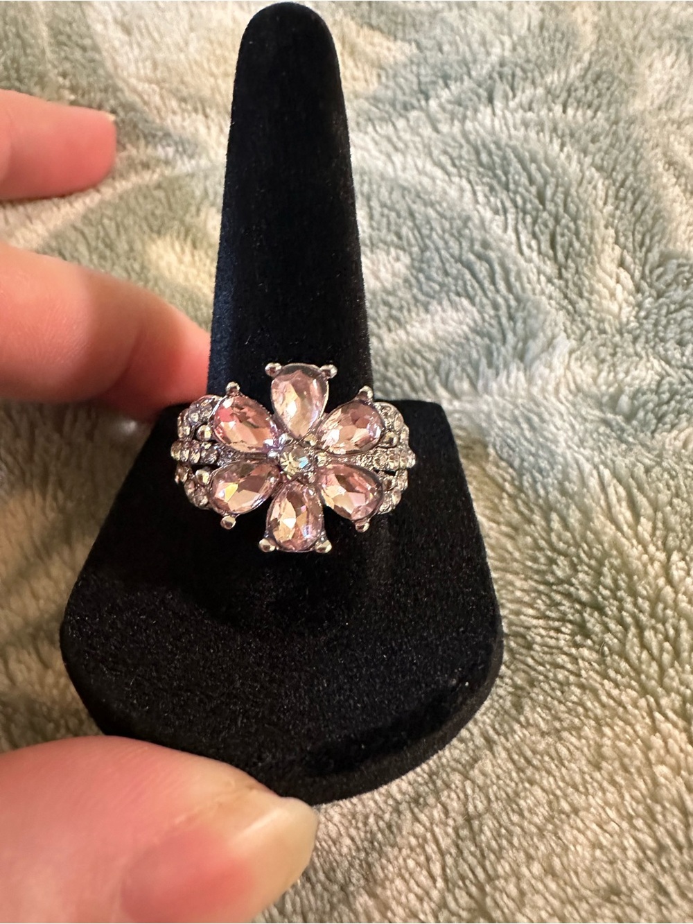 Pink Floral Crystal Cocktail Ring in Silver Tone